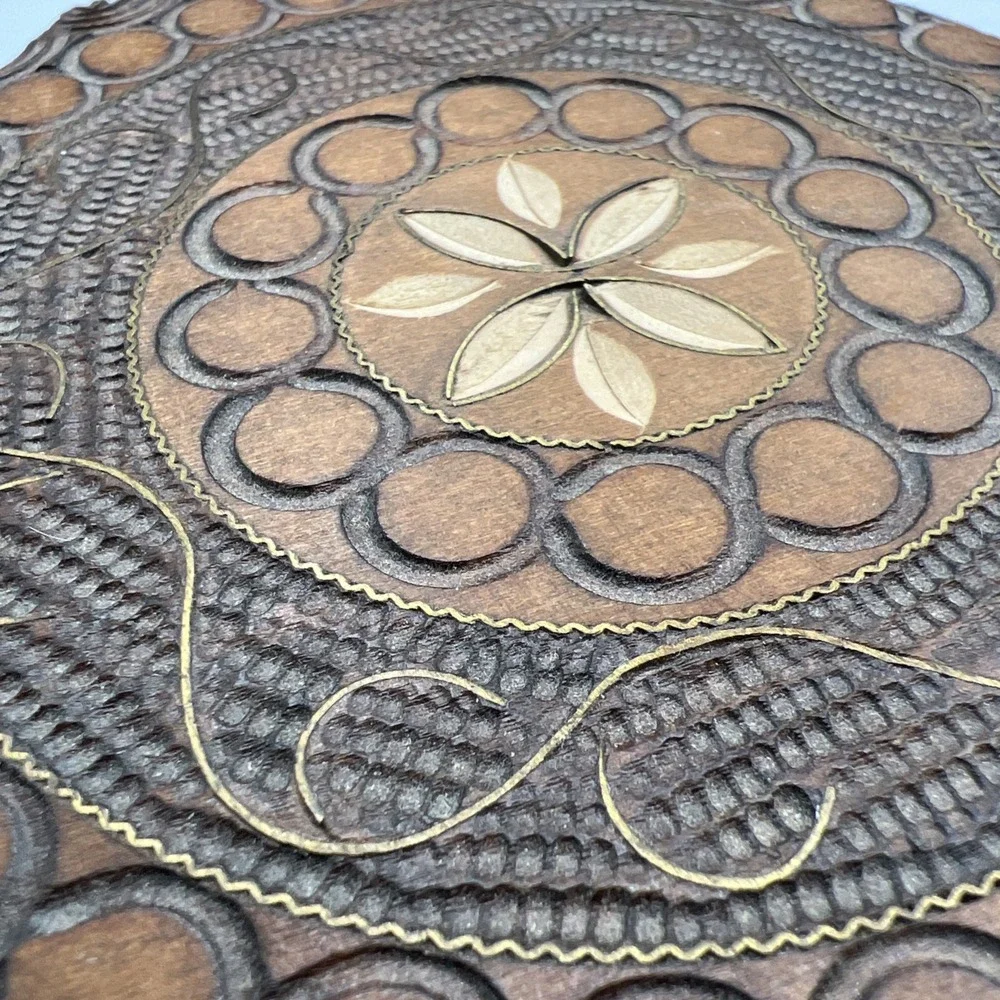 Vintage Polish Carved Wood Hexagon Box Brass Wire Inlay Kaiser Bill's Helen GA